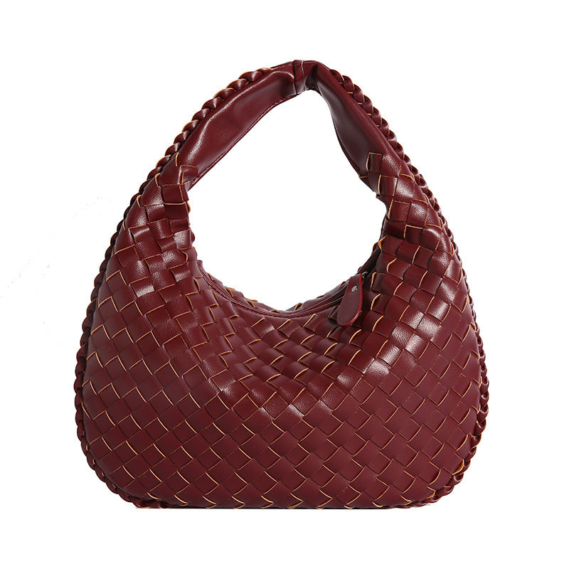 Luxury Woven PU Leather Hobo Bag - Elegant Shoulder Tote 34*21cm (wine red)