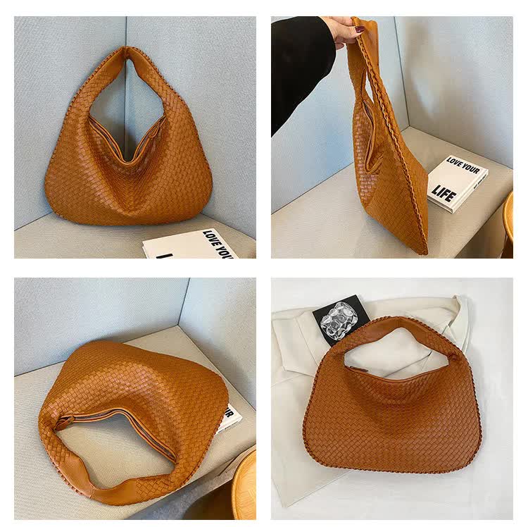 Elegant Woven PU Leather Hobo Bag - Soft Shoulder Tote 47*32cm (khaki)