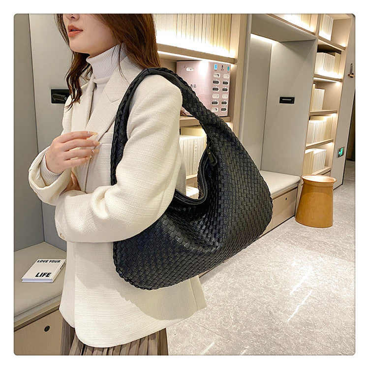 Elegant Woven PU Leather Hobo Bag - Soft Shoulder Tote 47*32cm (Black)