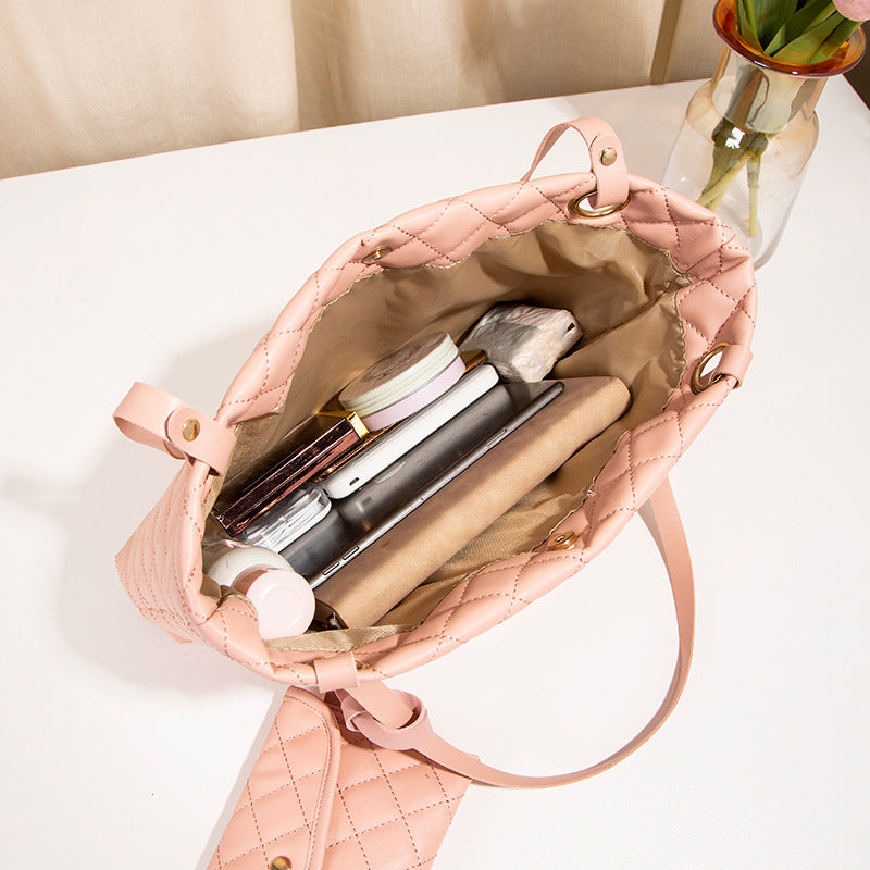 Elegant Quilted Tote Bag with Matching Clutch in Apricot