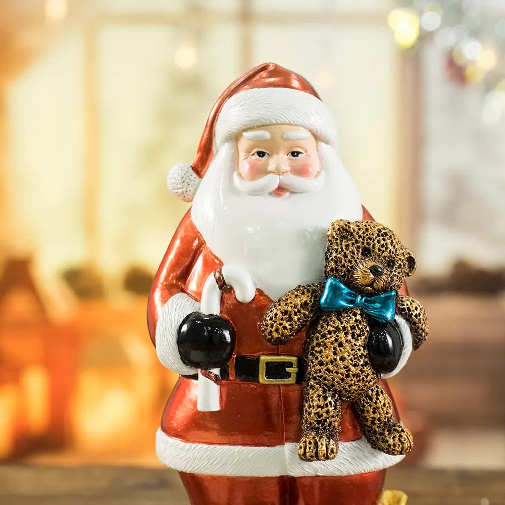 Santa Claus Figurine with Bear - 18cm Festive Resin Christmas Decoration