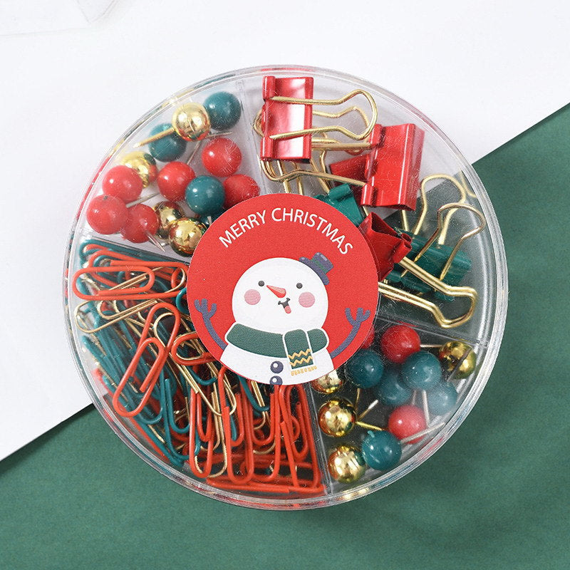 B41025 Christmas Stationery Set - Festive Binder Clips, Paper Clips, and Push Pins in Holiday Colors(2 set)