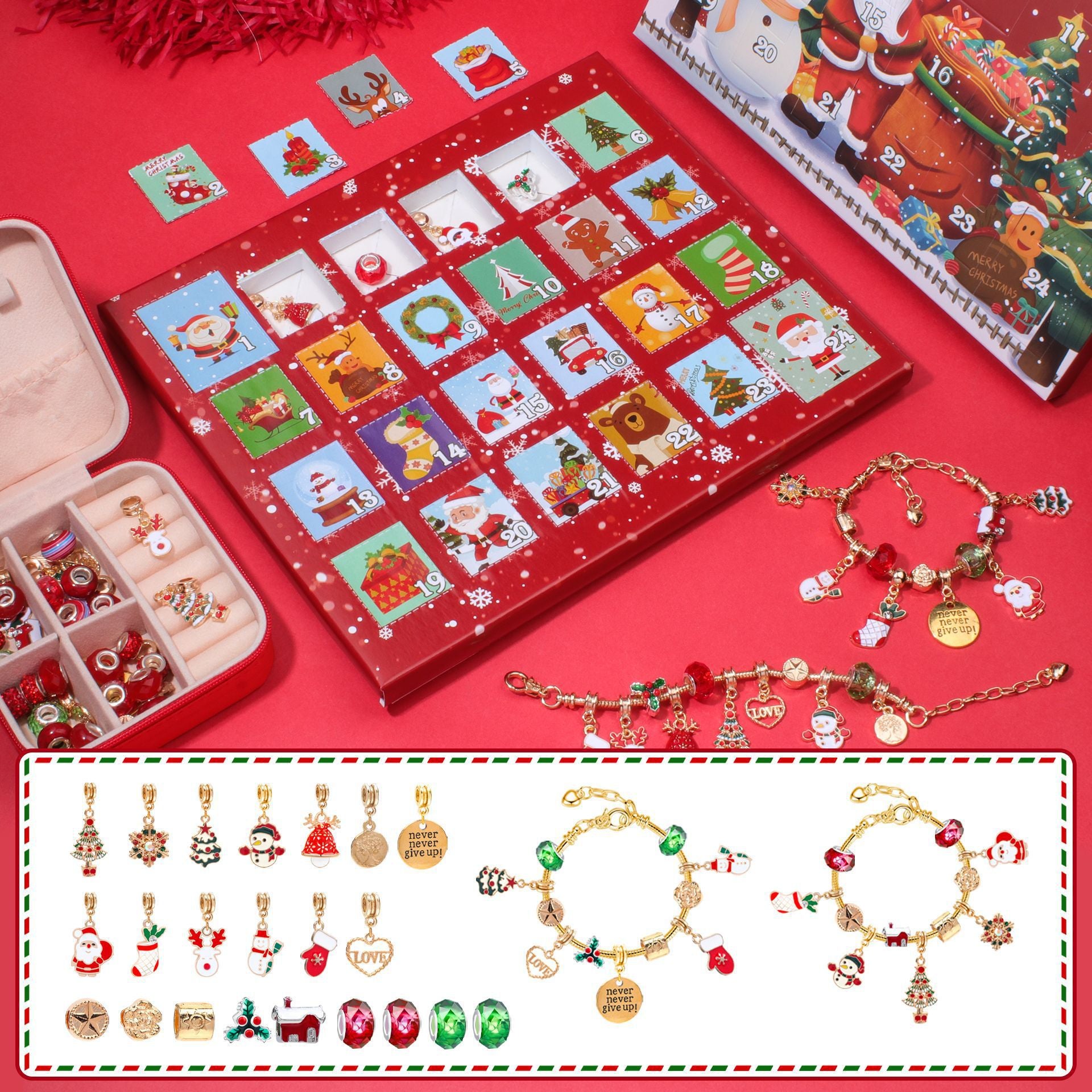 Christmas Jewelry Advent Calendar - DIY Charm Bracelet Kit with 24 Days of Surprises