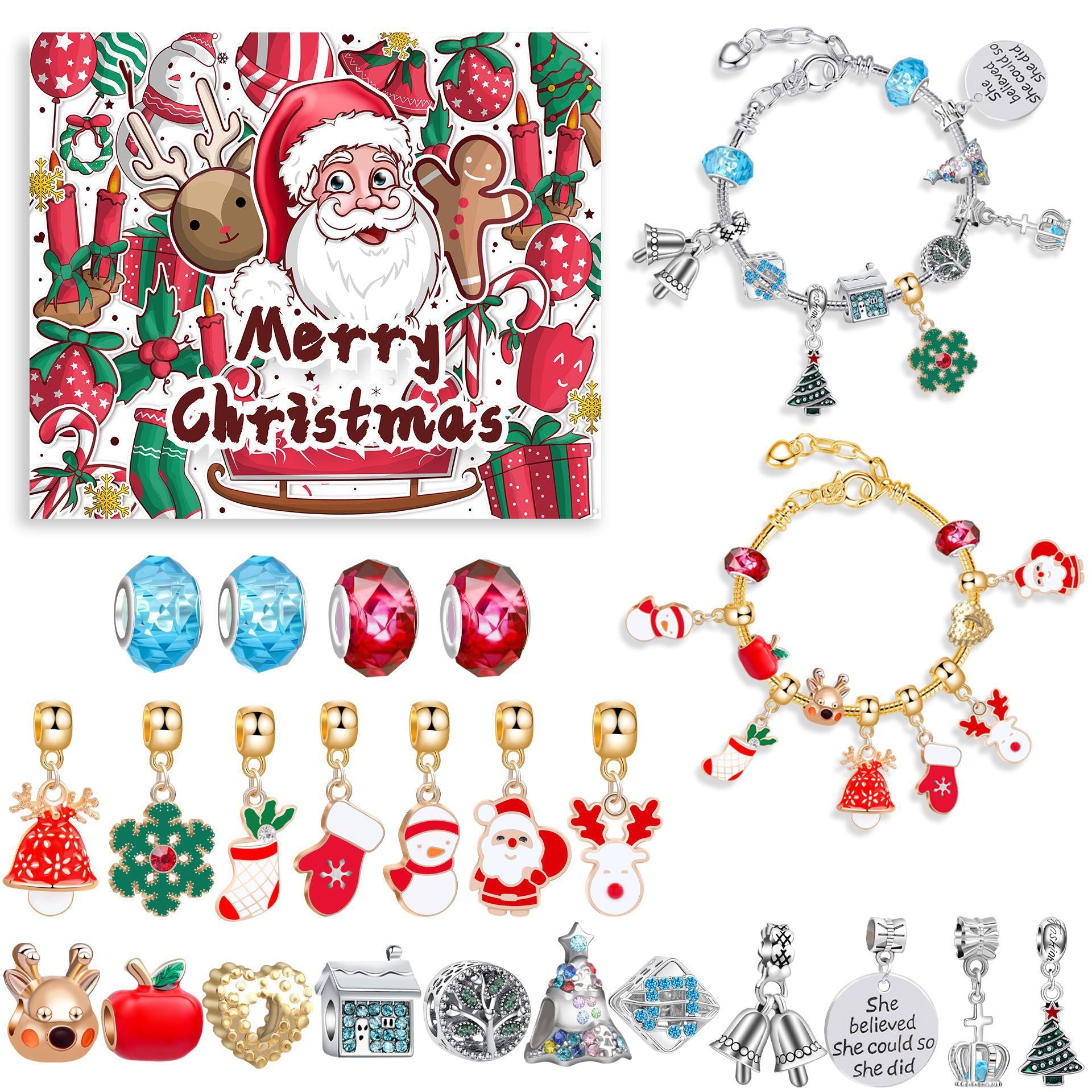 M-07 Christmas Jewelry Advent Calendar - DIY Charm Bracelet Kit with 24 Days of Surprises