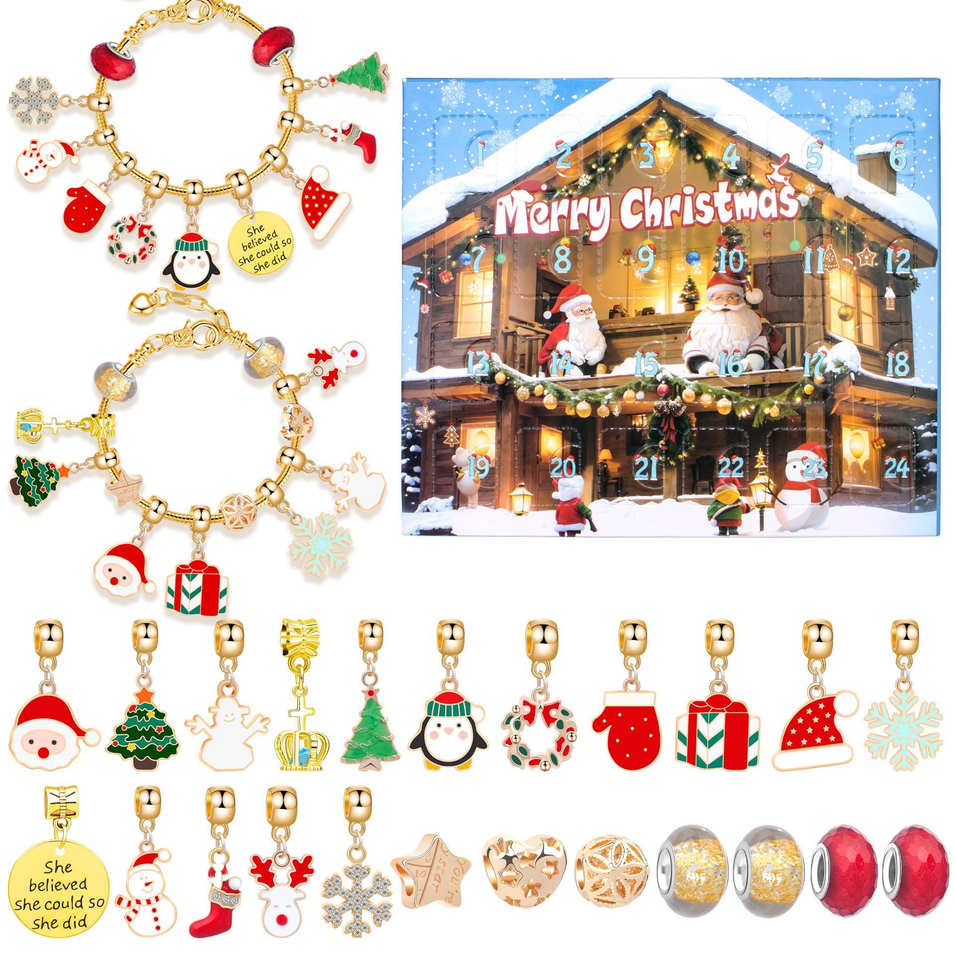 M-17L Christmas Jewelry Advent Calendar - DIY Charm Bracelet Kit with 24 Days of Surprises