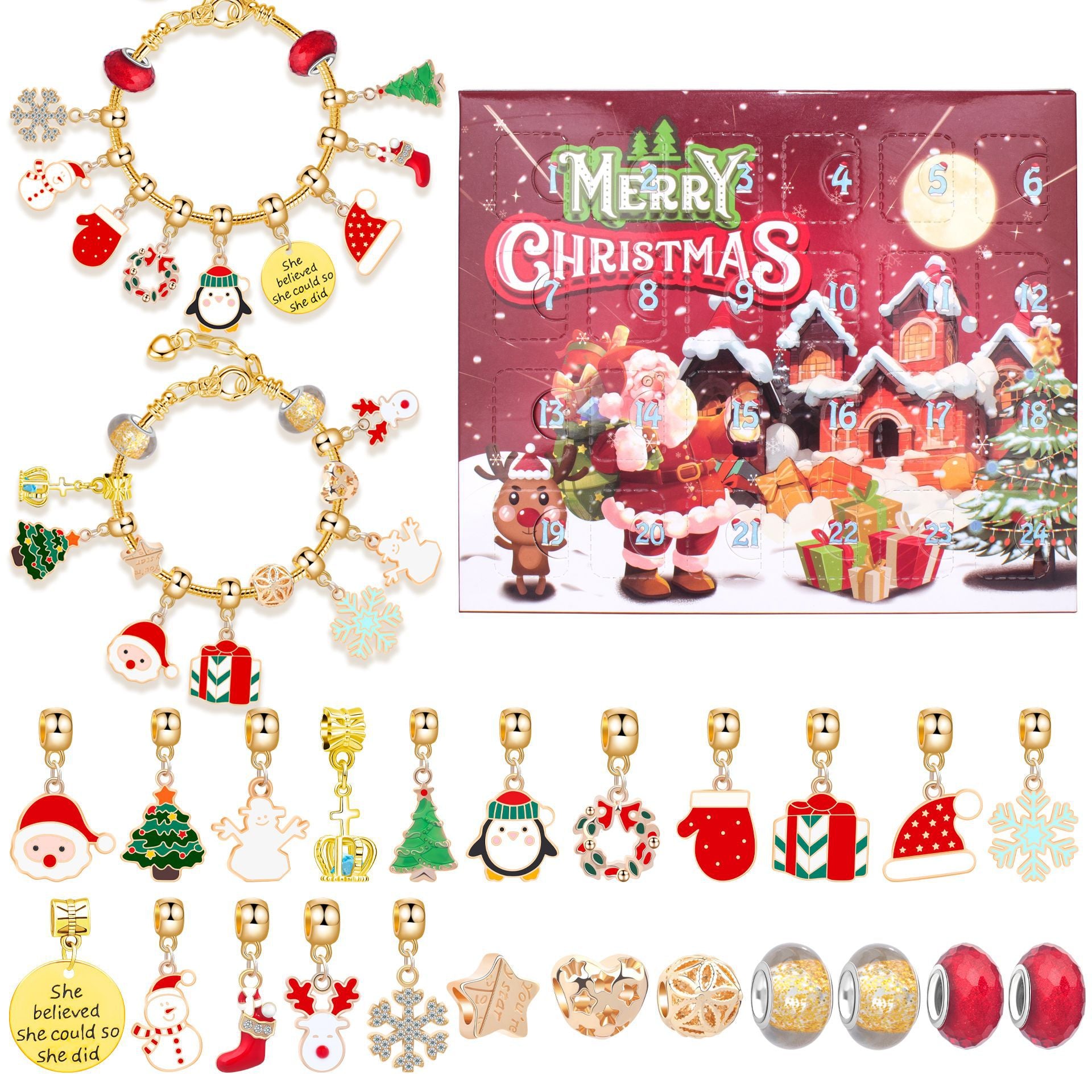 M-17H Christmas Jewelry Advent Calendar - DIY Charm Bracelet Kit with 24 Days of Surprises