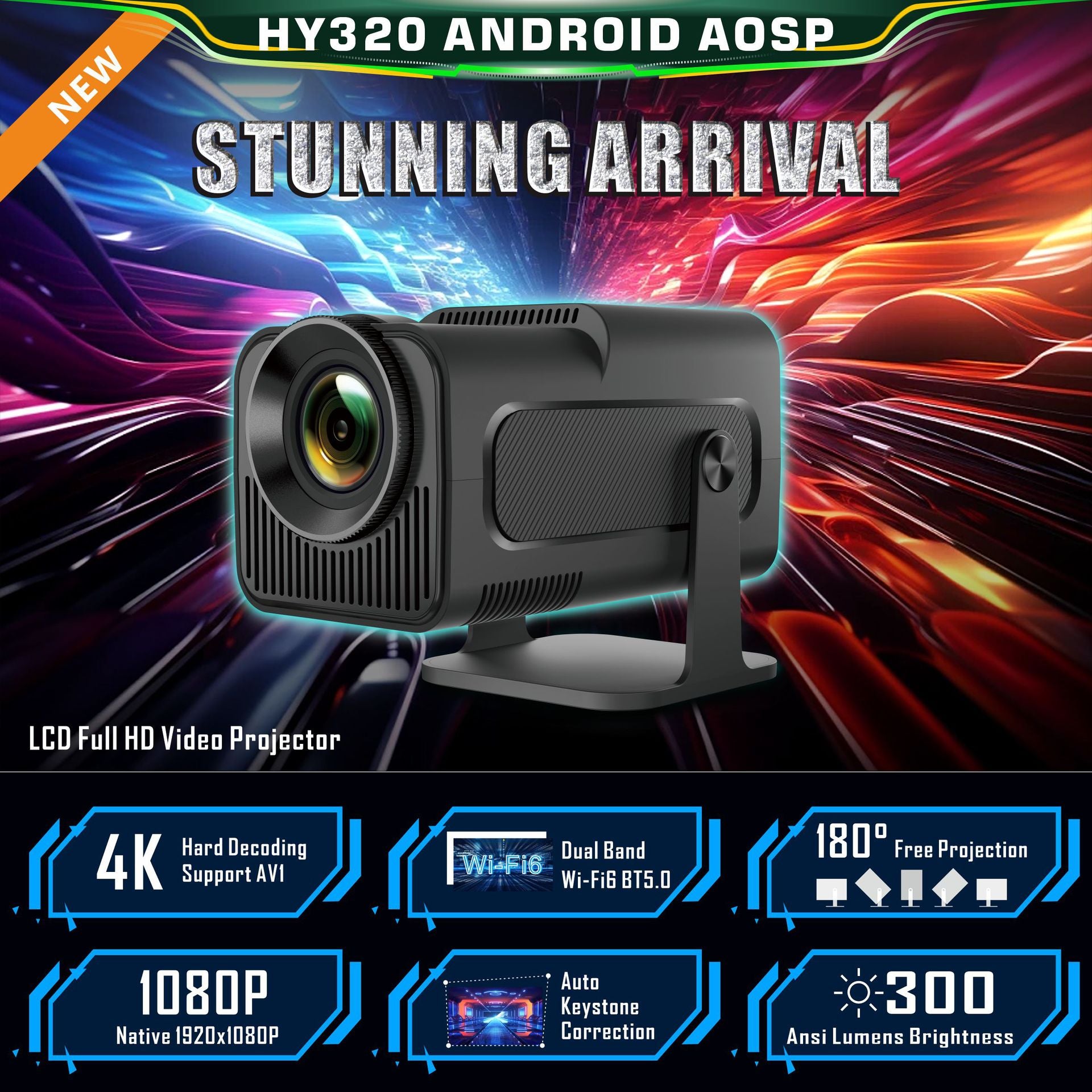 HY320 Android AOSP 4K Full HD Video Projector with Wi-Fi 6 & Auto Keystone Correction