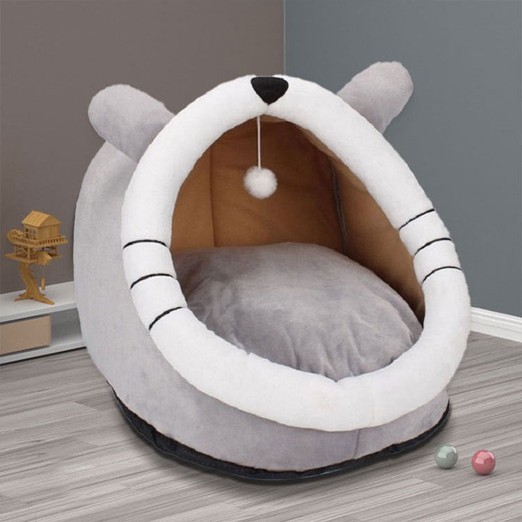 Gray Totoro Half-Enclosed Cat Bed - Soft Short Velvet Fabric with Sponge + PP Cotton Filling, S Size (28x28x30cm)