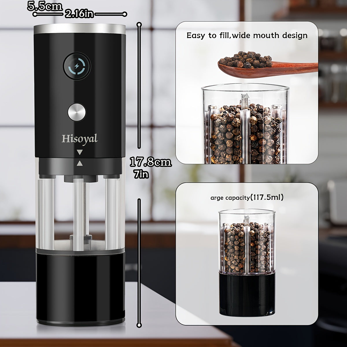 Electric Pepper Grinder, Automatic Gravity Spice Mill for Black Pepper, Sea Salt, Coffee Beans, and More