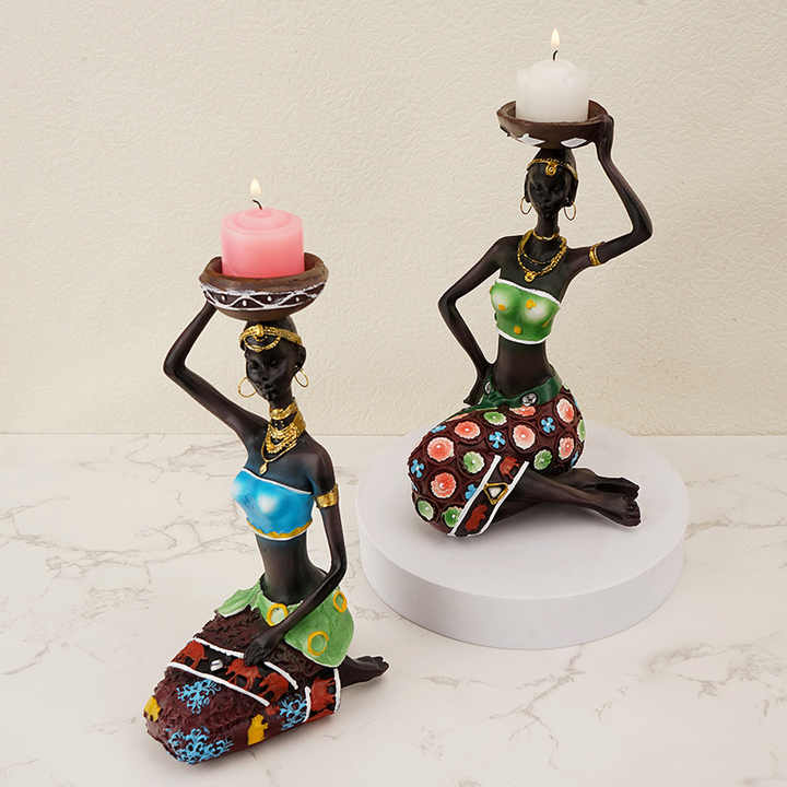 Blue European Resin African Woman Candle Holders - Decorative Tabletop Candle Stands for Coffee Bars & Home Decor