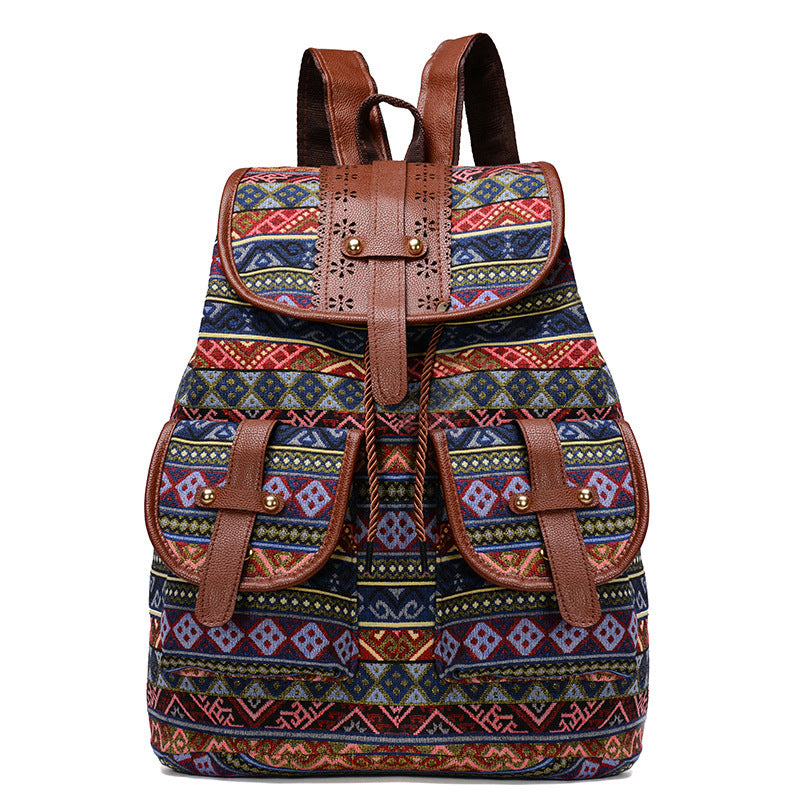 Diamond Pattern Bohemian Style Canvas Backpack - Vintage Tribal Pattern Travel Bag with Leather Straps