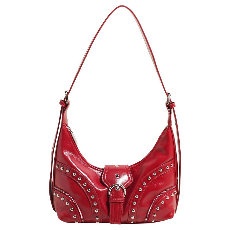 Red Vintage Studded PU Leather Shoulder Bag with Adjustable Strap