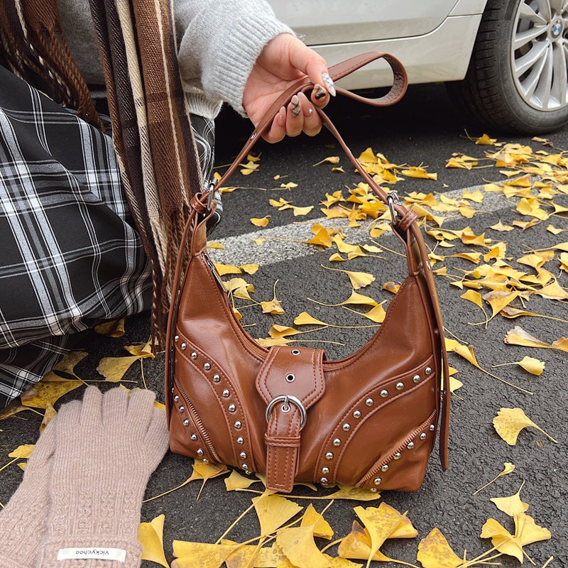 Red Vintage Studded PU Leather Shoulder Bag with Adjustable Strap