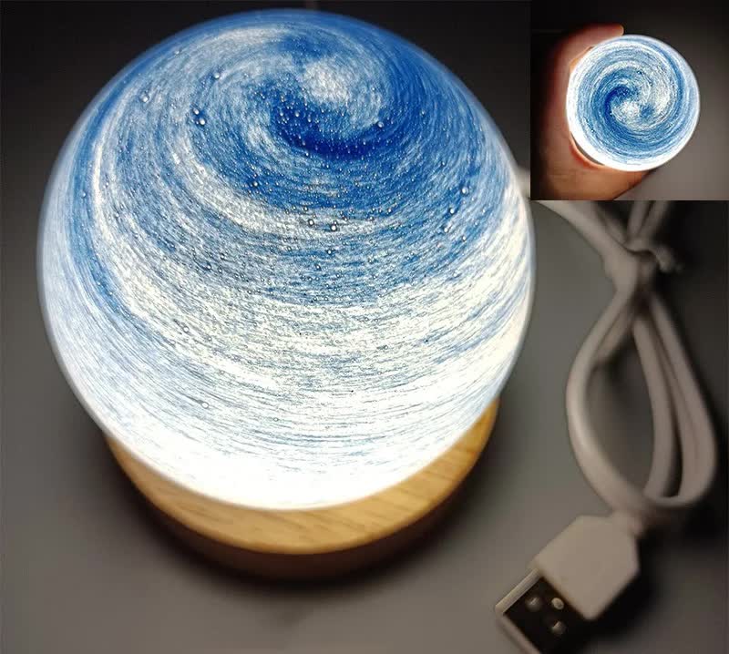 Starry Sky LED Planet Night Light with Wooden Base, USB Rechargeable