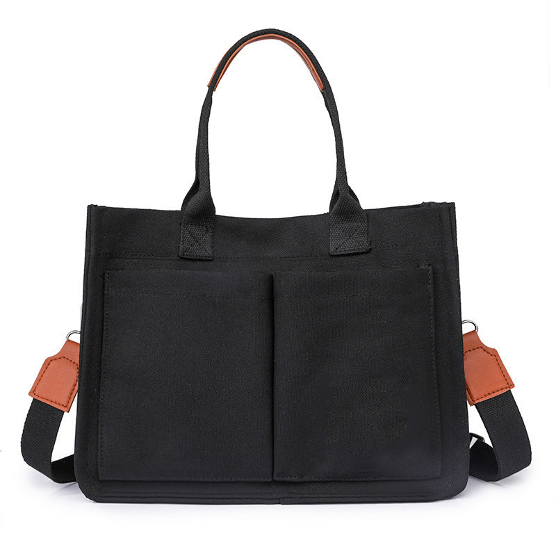 Black Stylish Canvas Briefcase Tote Bag with Large Capacity for Women