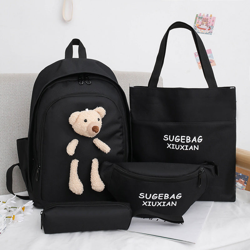 Black Cute Little Bear Girls' Backpack Set - Korean Style Large Capacity School Bag for High School & Middle School Students, 4-Piece Set