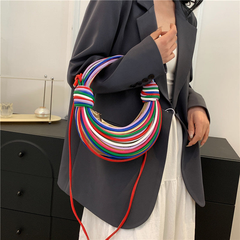 Multi-coloured Fashionable Candy Color Handbag – Crossbody Women’s Woven Bag with Unique Line Design