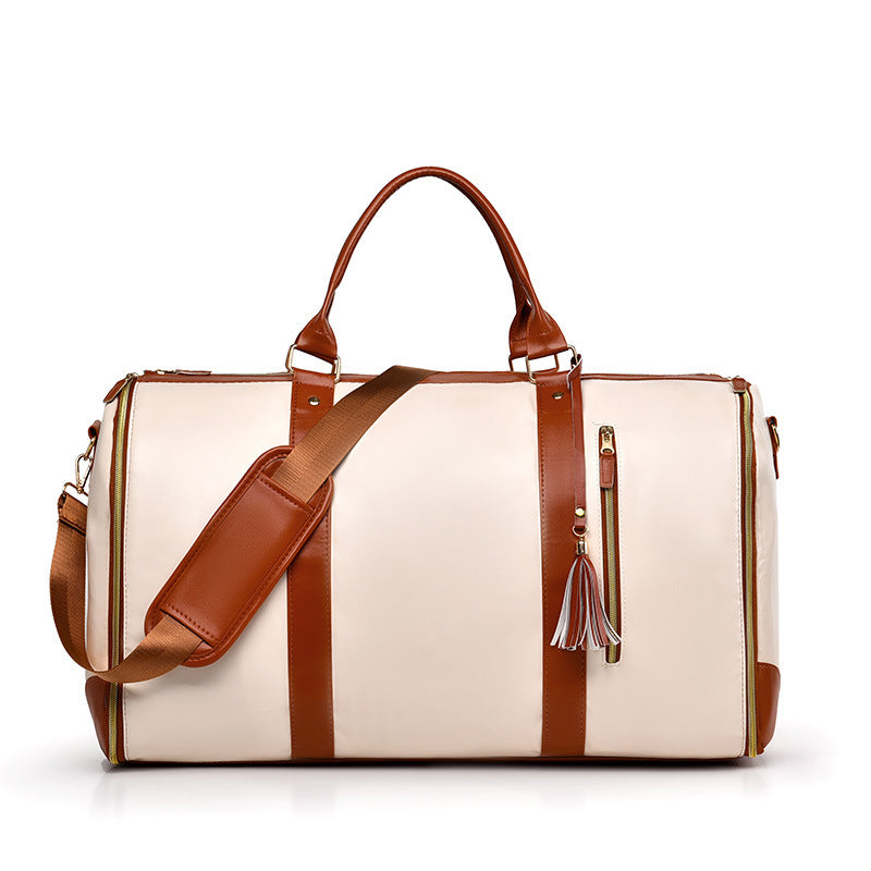 White And Brown  PU Leather Foldable Garment Bag, Women's Travel Duffel with Suit Carrier, Multi-Function Storage