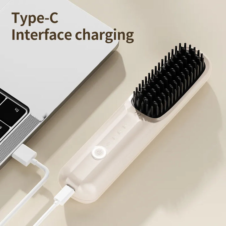 Yellow Wireless Hair Straightening Brush - Portable 2-in-1 Styling Tool with USB Charging, Ceramic Heat Technology, and Compact Design