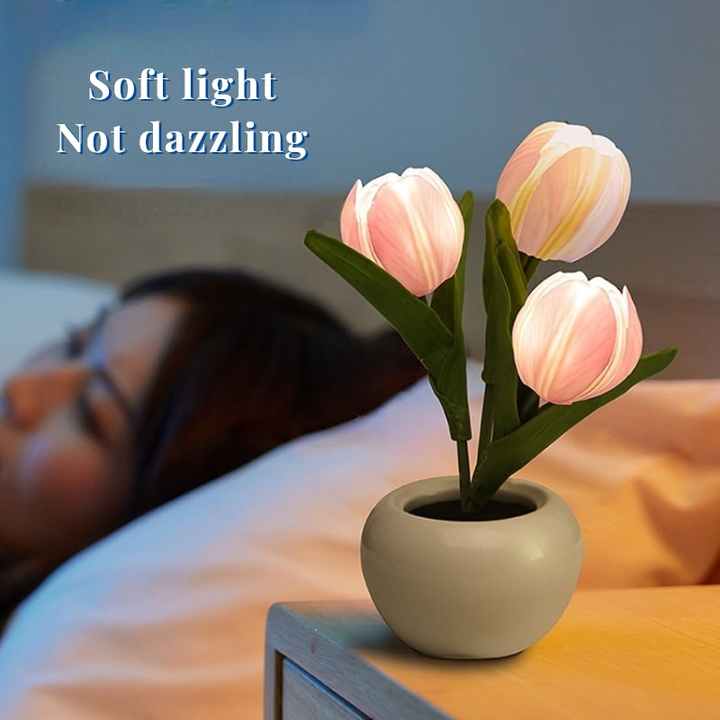 Pink Flowers USB Tulip Night Light - Bedroom Decor Table Lamp with PU Flowers & Ceramic Pot, Perfect Gift for Family & Friends