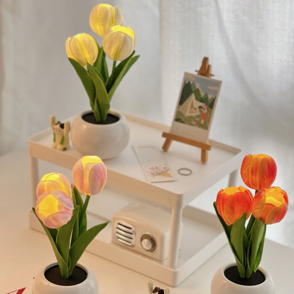 White Flowers USB Tulip Night Light - Bedroom Decor Table Lamp with PU Flowers & Ceramic Pot, Perfect Gift for Family & Friends