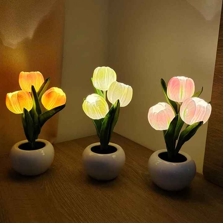 Blue Flowers USB Tulip Night Light - Bedroom Decor Table Lamp with PU Flowers & Ceramic Pot, Perfect Gift for Family & Friends