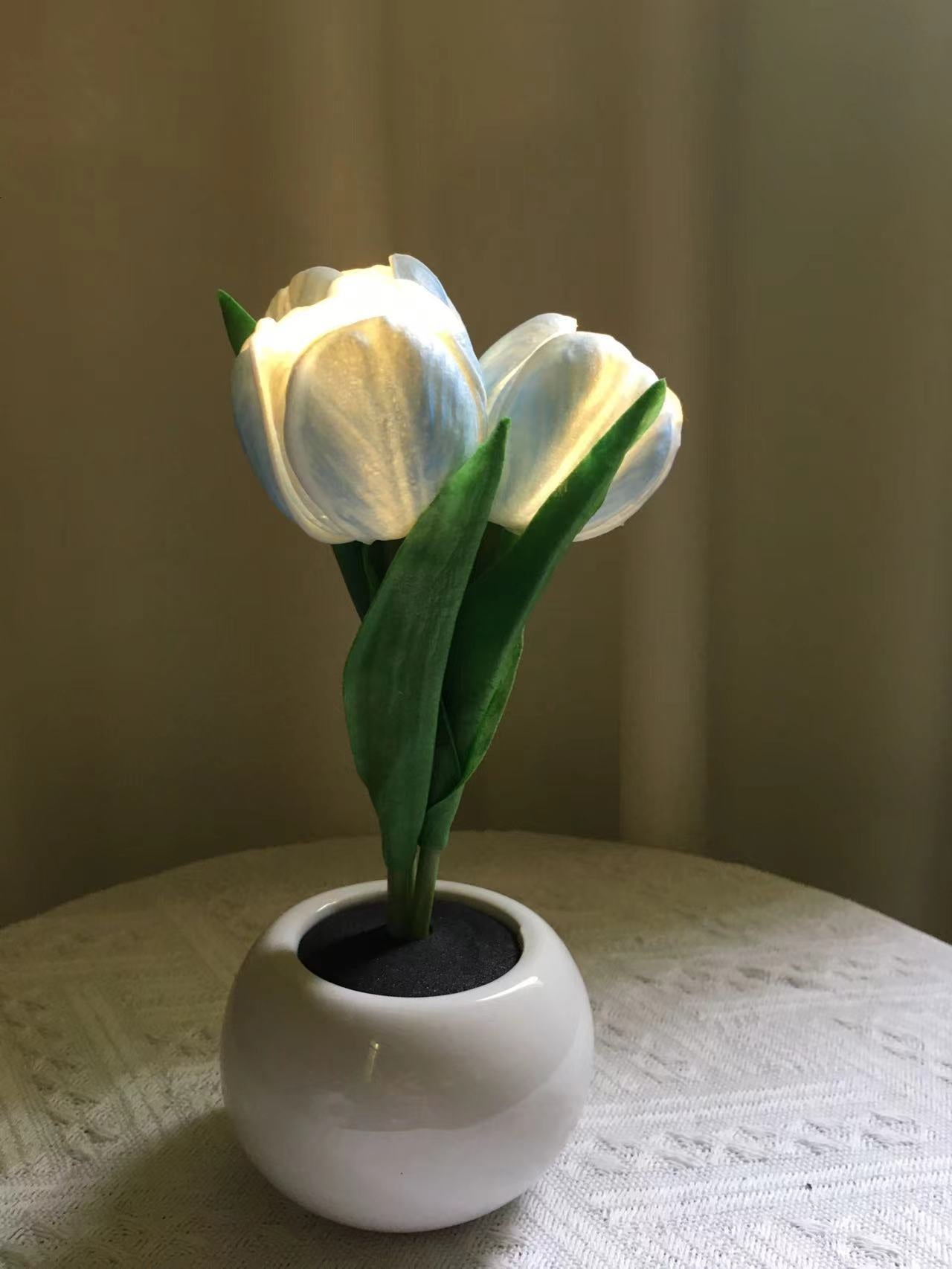 Blue Flowers USB Tulip Night Light - Bedroom Decor Table Lamp with PU Flowers & Ceramic Pot, Perfect Gift for Family & Friends