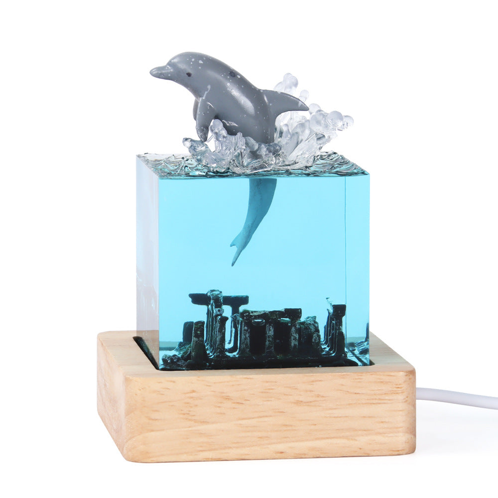 Ancient Architecture Dolphin Leaping into the Water Handcrafted Ocean Resin Whale Night Light - Unique Home Decor Table Lamp