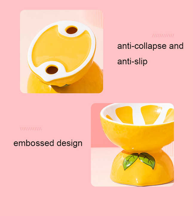 Ceramic Elevated Pet Food Bowl - Cute Lemon Pattern Design for Cats and Small Dogs