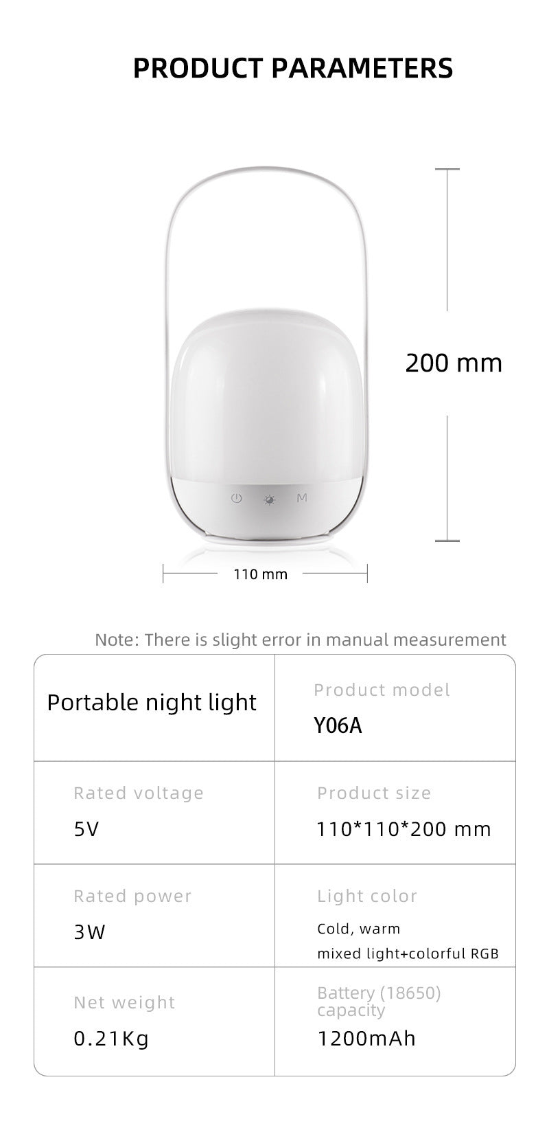 Portable LED Night Light with 16 Colors, 4 Dimming Modes, and Remote Control