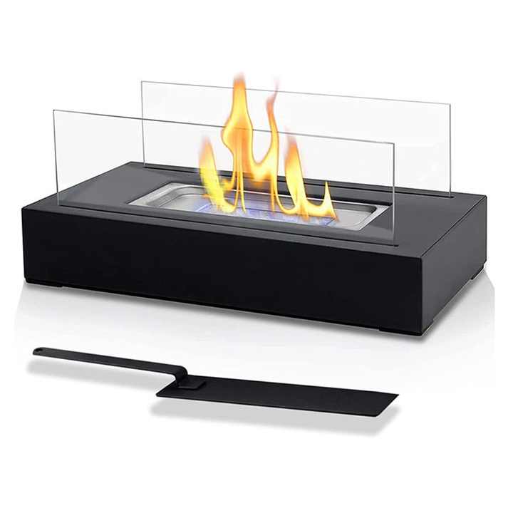 Portable Detachable Tabletop Bioethanol Fireplace - Black Rectangular Design with Glass Shields