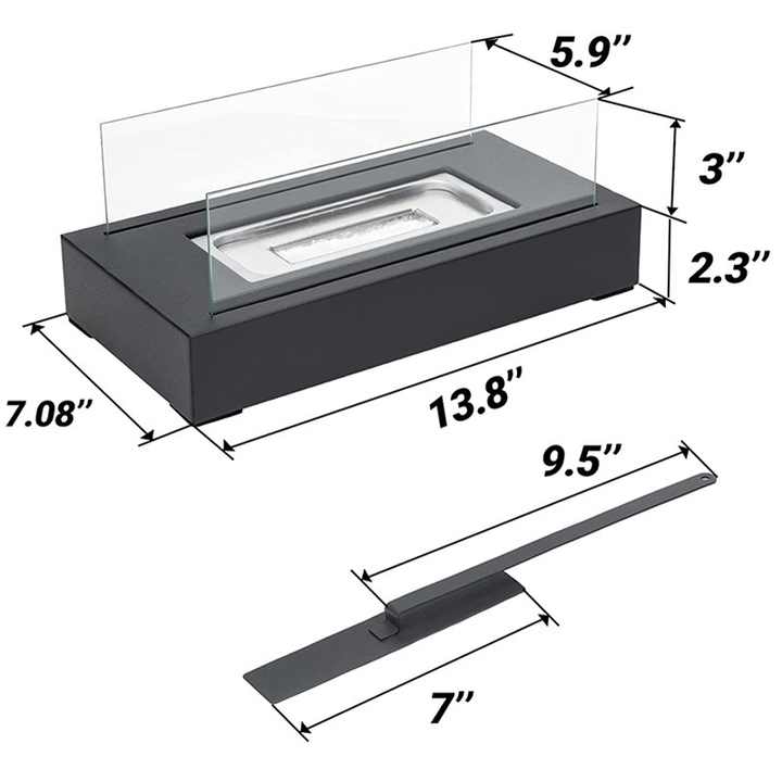 Portable Detachable Tabletop Bioethanol Fireplace - Black Rectangular Design with Glass Shields