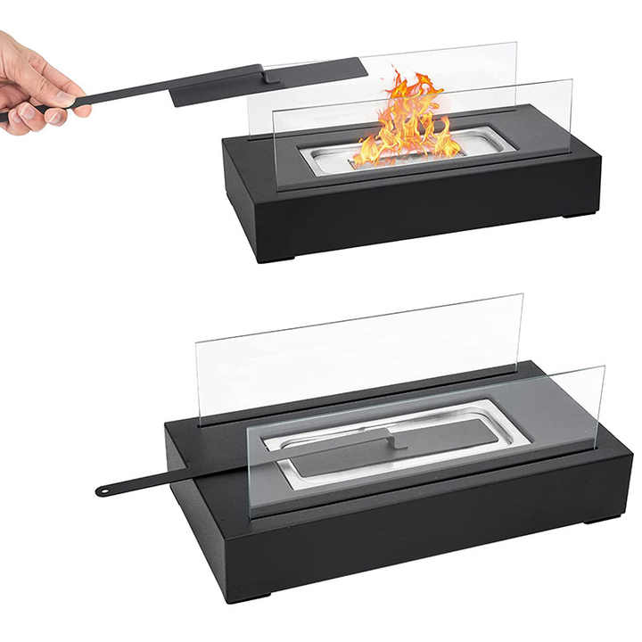 Portable Detachable Tabletop Bioethanol Fireplace - Black Rectangular Design with Glass Shields