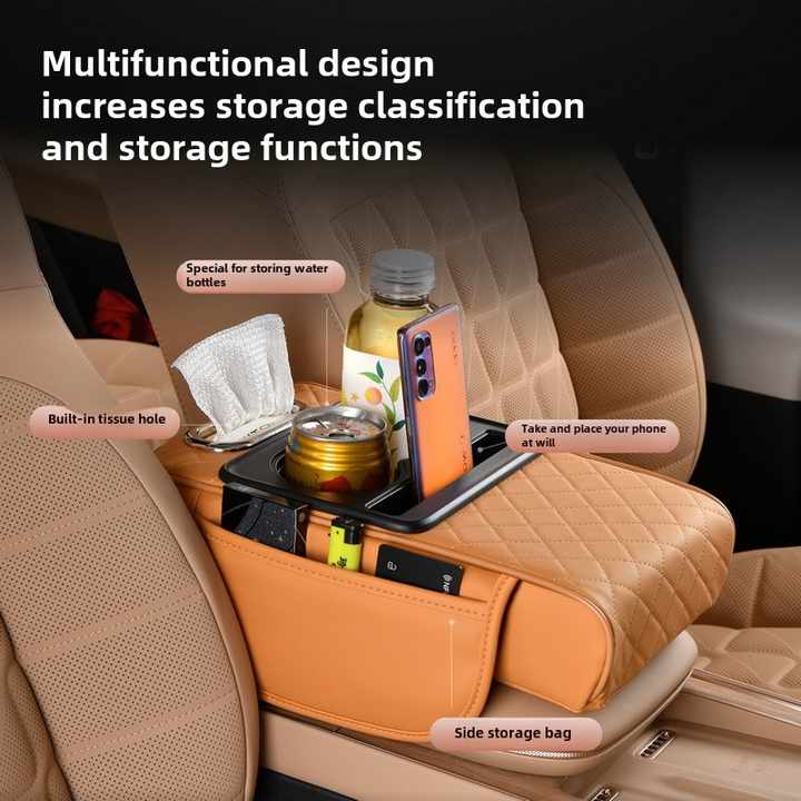 GT-6 No embroidery Coffee ,Multifunctional Car Armrest Storage Box Cushion - Universal Fit with Cup Holder and Tissue Dispenser