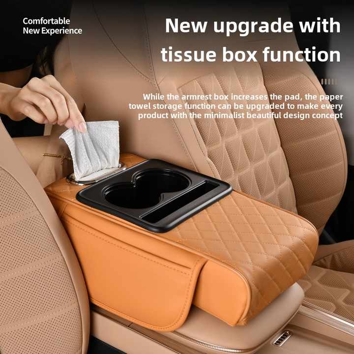 GT-6 Embroidery Coffee ,Multifunctional Car Armrest Storage Box Cushion - Universal Fit with Cup Holder and Tissue Dispenser