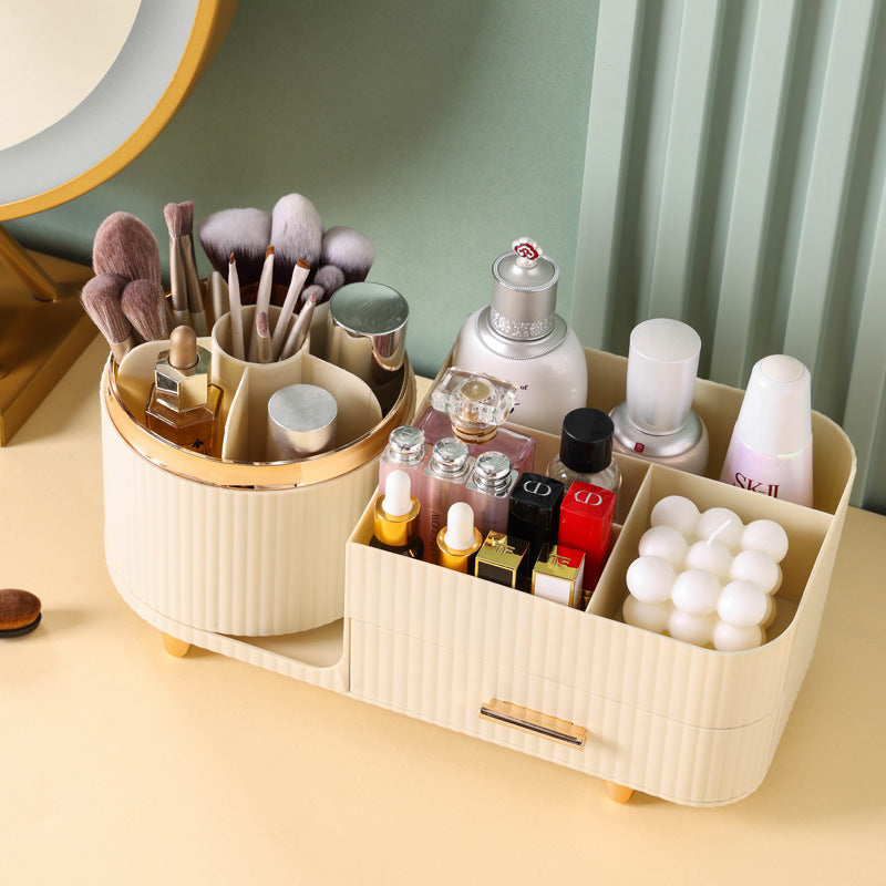 Cream Color Rotating Makeup Organizer Box - Multi-Compartment Cosmetic Storage