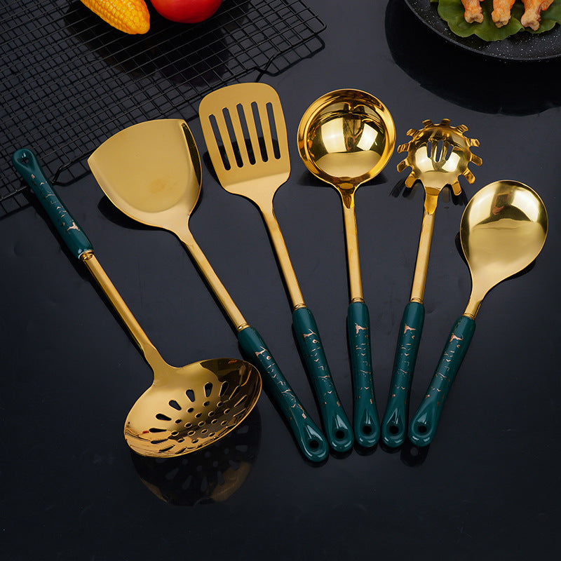 Dark Green Gold Stainless Steel Kitchen Utensil Set - 7-Piece Golden Cooking Tools with Stand