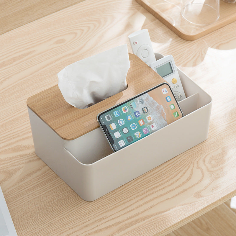 Apricot Multifunctional Tissue Box Organizer - Bamboo Lid with Dividers for Desktop Storage