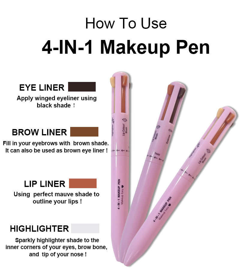 4-in-1 Multi-Functional Makeup Pen Set - Lip Liner, Highlighter, Eyeliner, Eyebrow Pencil (3 Shades, 3-Pack)