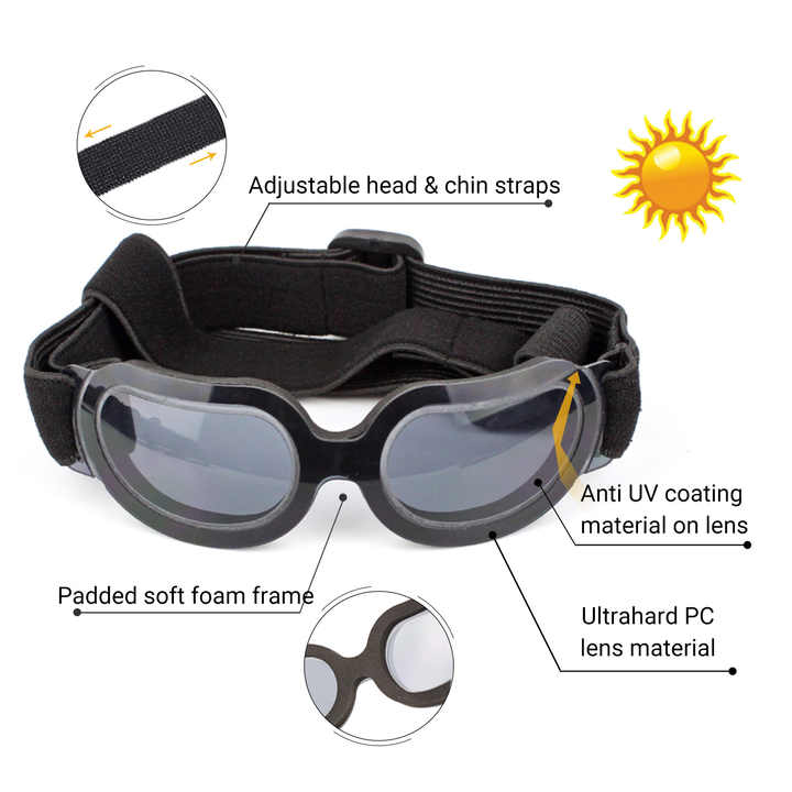 Black Lenses Pet Sunglasses for Dogs and Cats - UV Protection, Adjustable Strap, Anti-Wind and Anti-Fog Pet Goggles