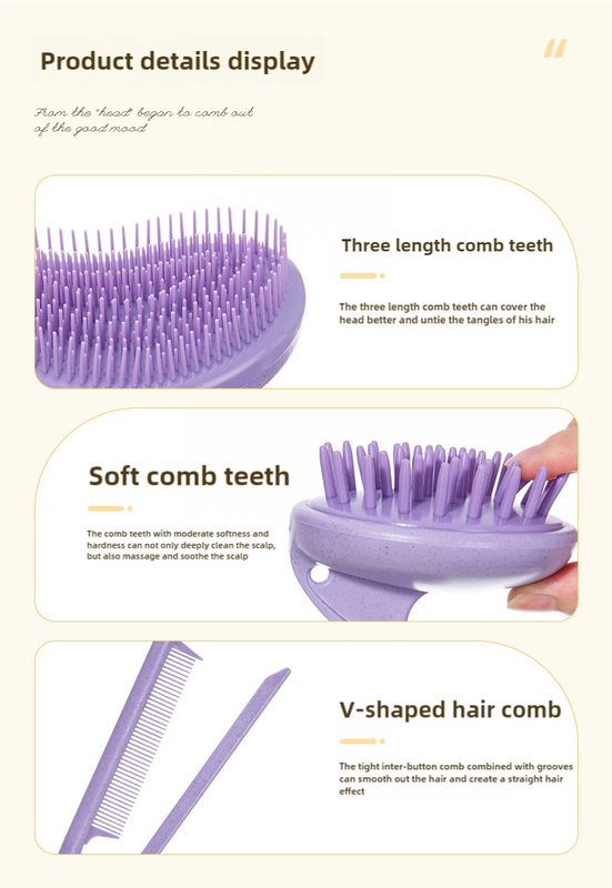 Light Brown Eco-Friendly Wheat Straw Hair Care Set - Massage Brush, Detangling Comb, and V-shaped Comb for All Hair Types