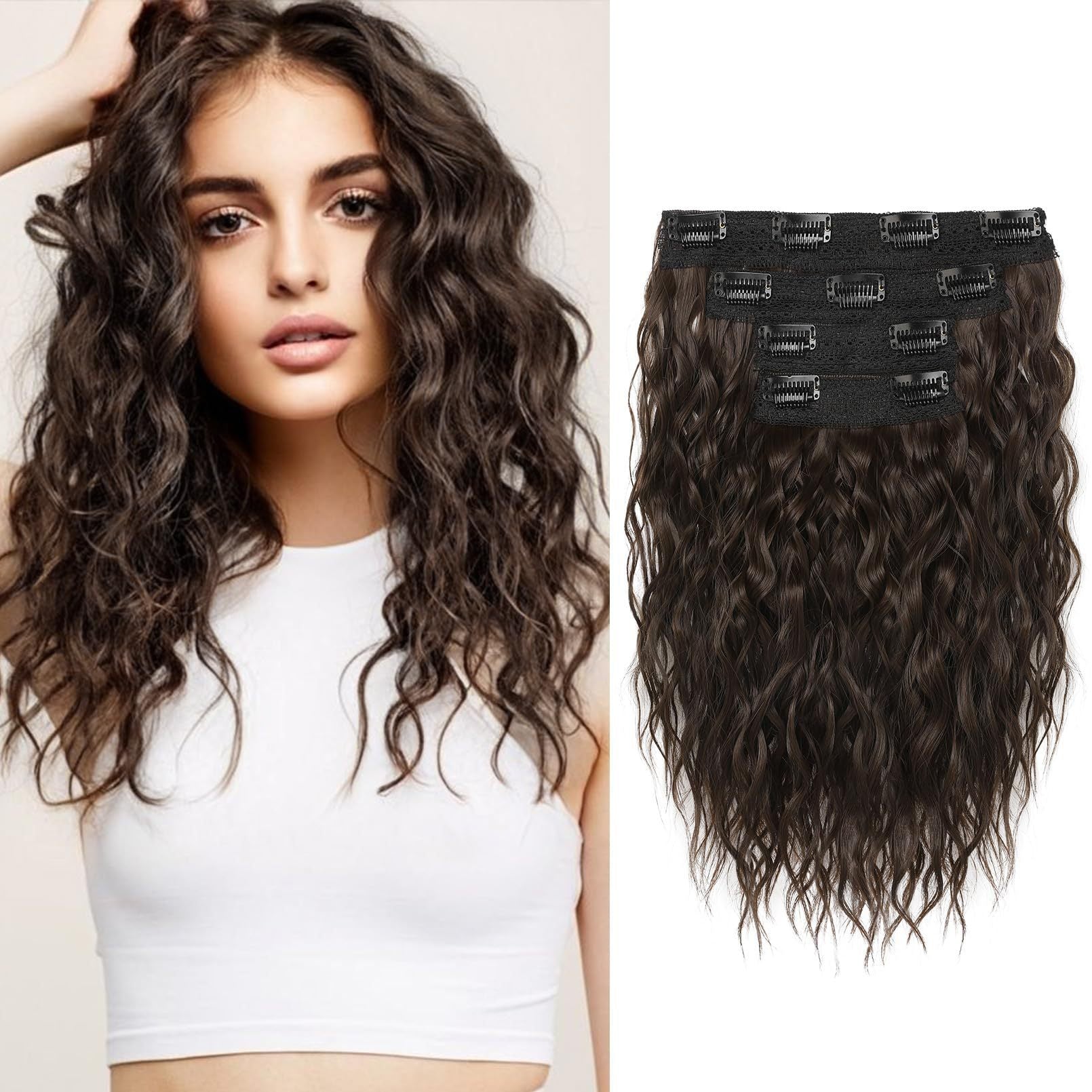 Coffee 12-Inch Clip-in Wavy Hair Extensions - 4-Piece Set,  Easy to Apply, Instant Volume Boost