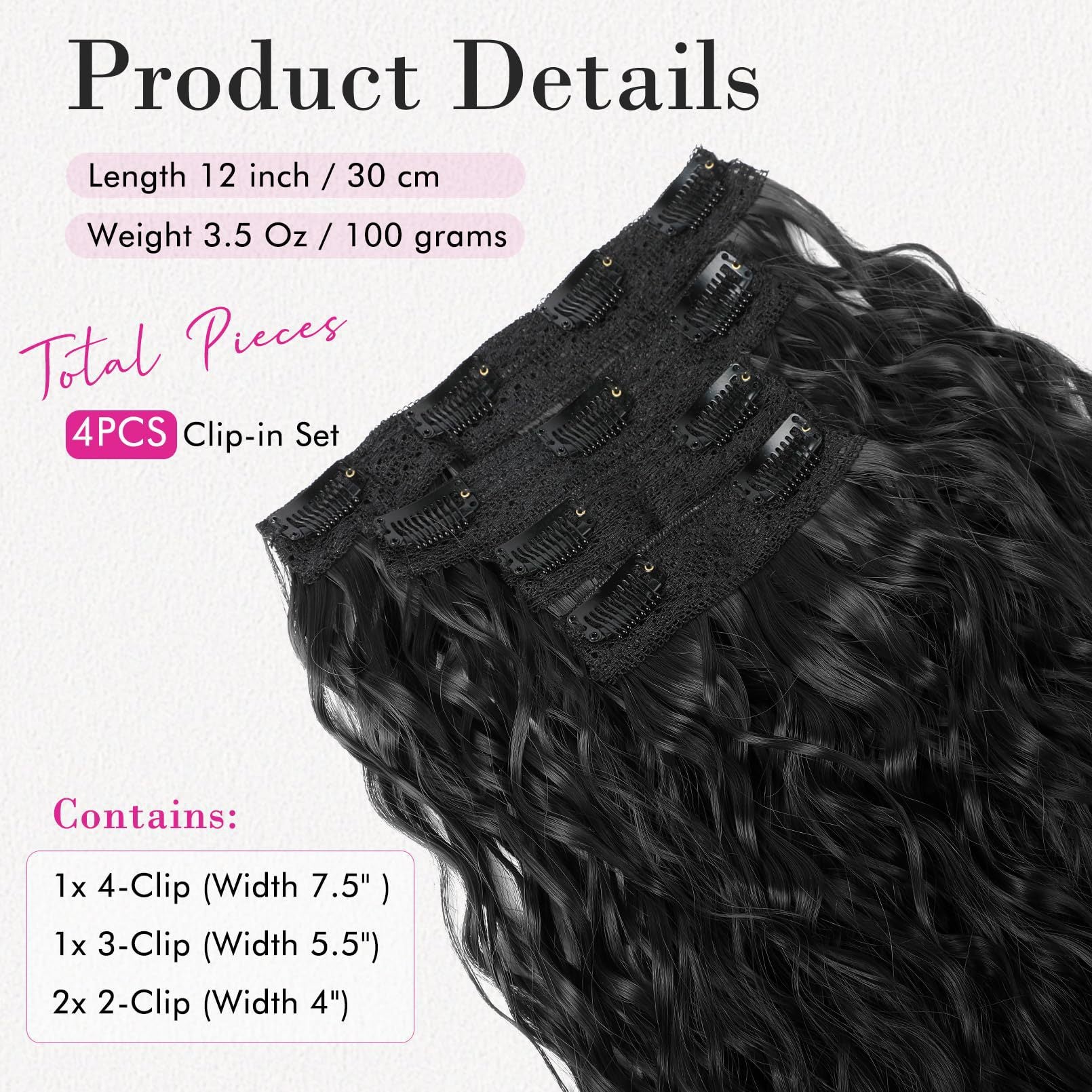 Coffee 12-Inch Clip-in Wavy Hair Extensions - 4-Piece Set,  Easy to Apply, Instant Volume Boost