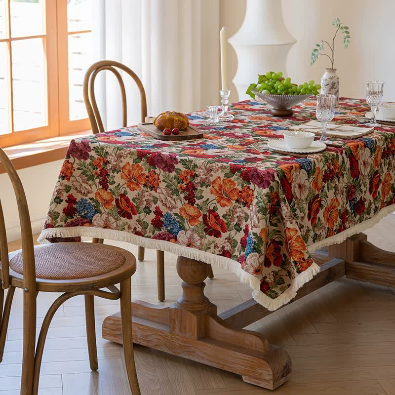 Floral Cotton Linen Tablecloth | Vintage Style Country Garden Design, 90*140cm