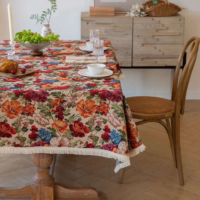 Floral Cotton Linen Tablecloth | Vintage Style Country Garden Design, 90*140cm