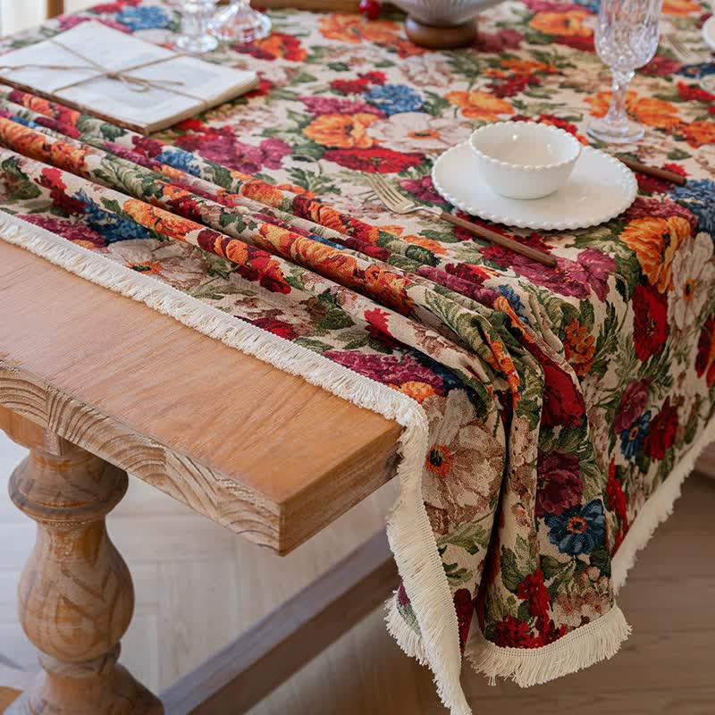 Floral Cotton Linen Tablecloth | Vintage Style Country Garden Design, 90*140cm