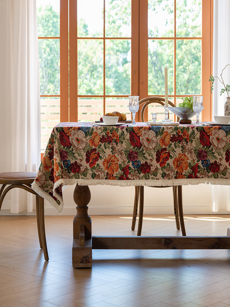 Floral Cotton Linen Tablecloth | Vintage Style Country Garden Design, 90*140cm