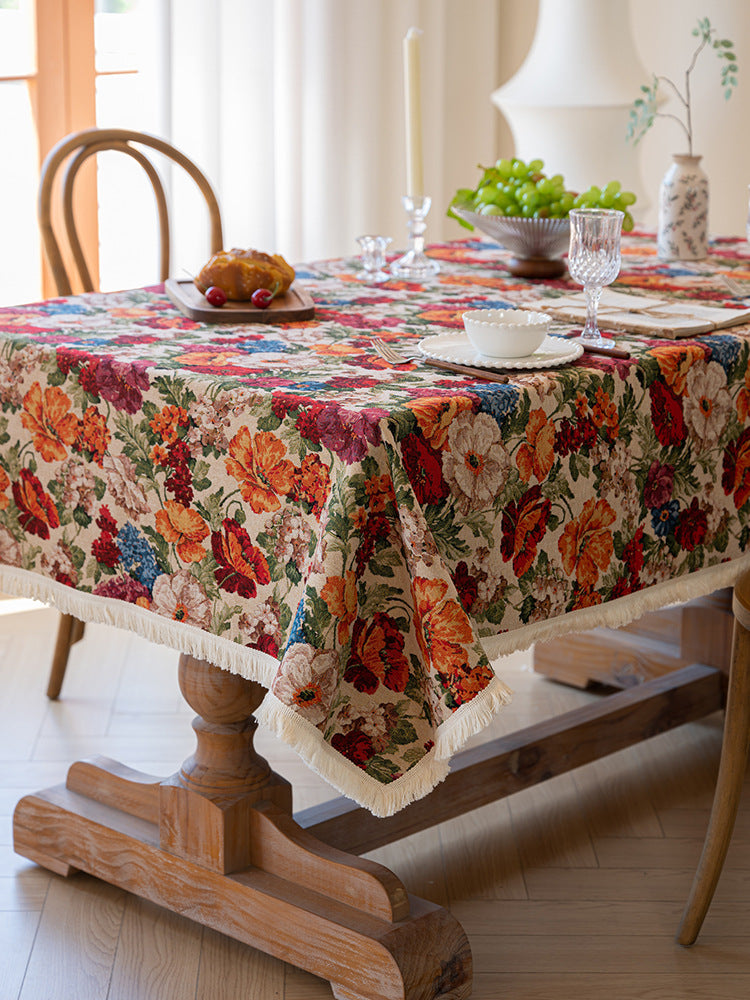 Floral Cotton Linen Tablecloth | Vintage Style Country Garden Design, 90*140cm