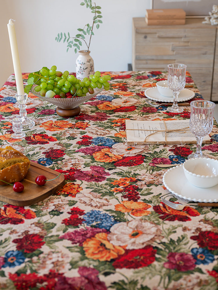 Floral Cotton Linen Tablecloth | Vintage Style Country Garden Design, 90*140cm