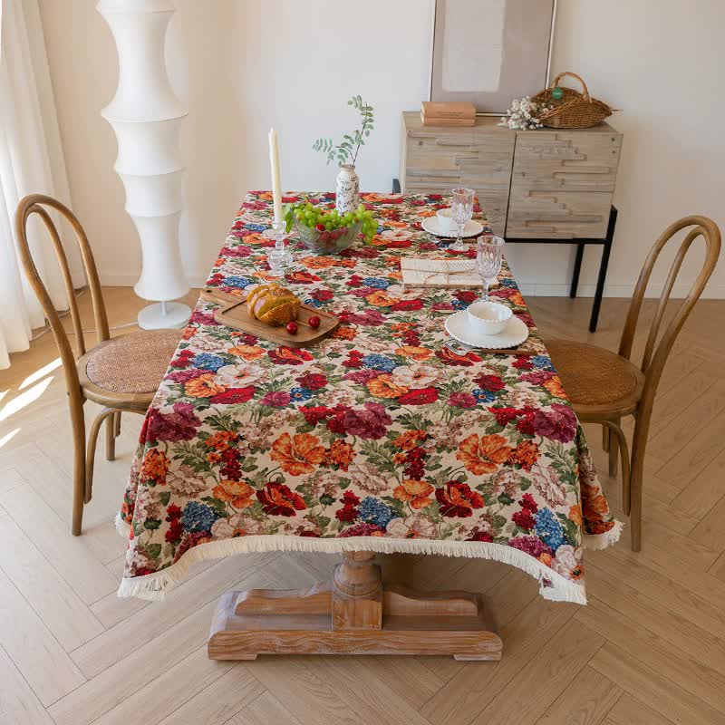 Floral Cotton Linen Tablecloth | Vintage Style Country Garden Design, 140*140cm